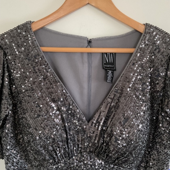 NW Nightway All Over Sequined Cocktail Dress Sz 10 Gunmetal Ruffled Hem Padded - Picture 2 of 16
